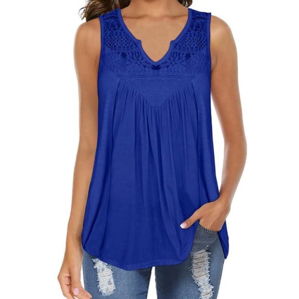 NEW Womens Sz Small Royal Blue Soft Stretchy Lace Front Roomy Sleeveless Shirt